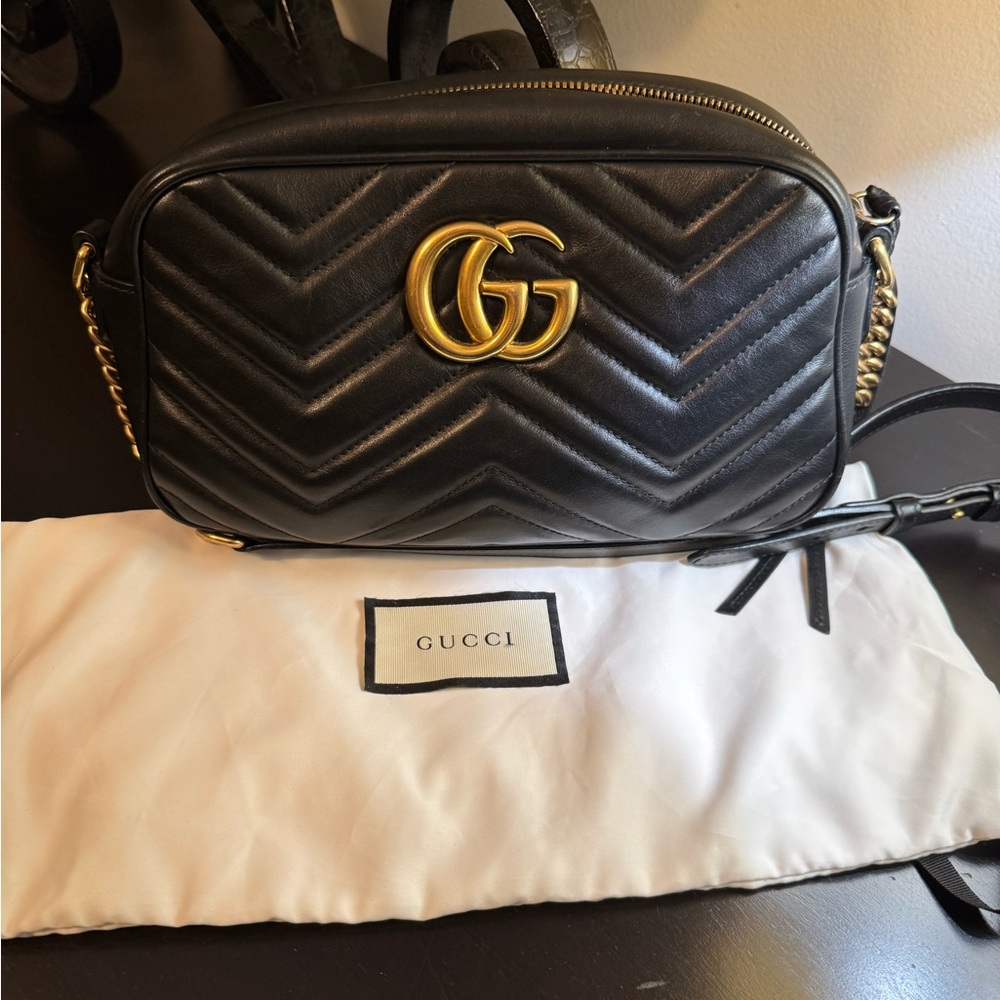 Gucci Black and Gold Chevron Crossbody Bag